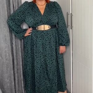 SHEIN Dark Green Polka Dot Long Sleeve Dress